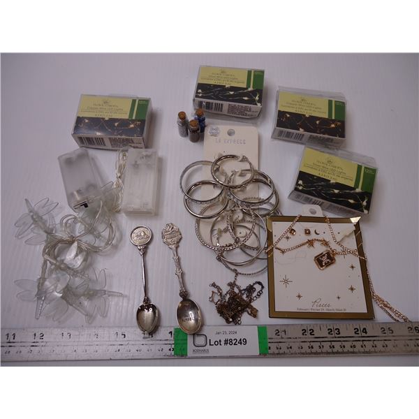 Assorted Jewelry, LED Lights and (2) Collector Spoons