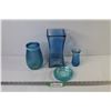 Image 1 : (3) Blue Glass Vases - Glass Dish/Ashtray