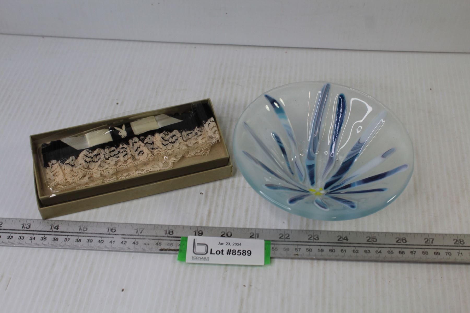 Art Glass Flower Dish - Playboy Garter Belt in Box - Bodnarus Auctioneering Art Glass Flower Dish - Playboy Garter Belt in Box - Bodnarus Auctioneering
