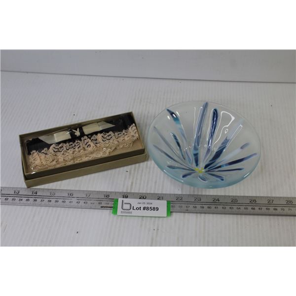 Art Glass Flower Dish - Playboy Garter Belt in Box - Bodnarus Auctioneering Art Glass Flower Dish - Playboy Garter Belt in Box - Bodnarus Auctioneering