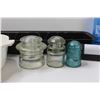 Image 2 : (3) Glass Insulators, (2) Batoche Water Bottles, Road Hazard Light, Corningware Dish (Worn), Planter