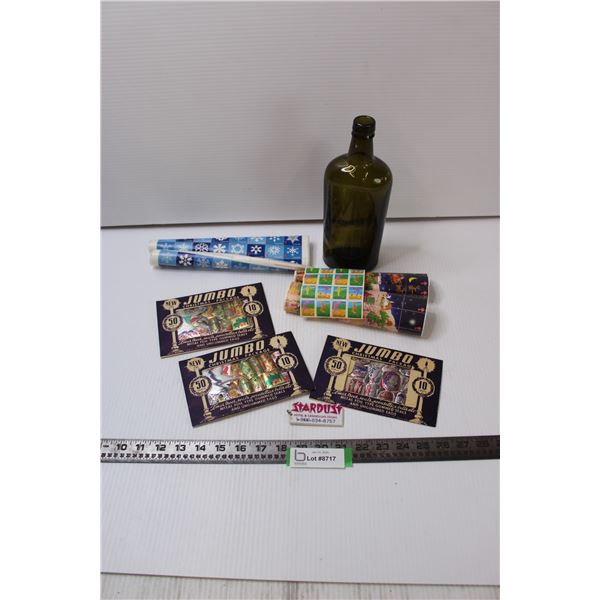 Green Glass Bottle, (3) Packages Collector Christmas Seals, Easter Seals, Lung Association Seals