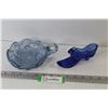 Image 1 : (2) Blue Cut Glass Dishes - Finger Dish - Glass Boot