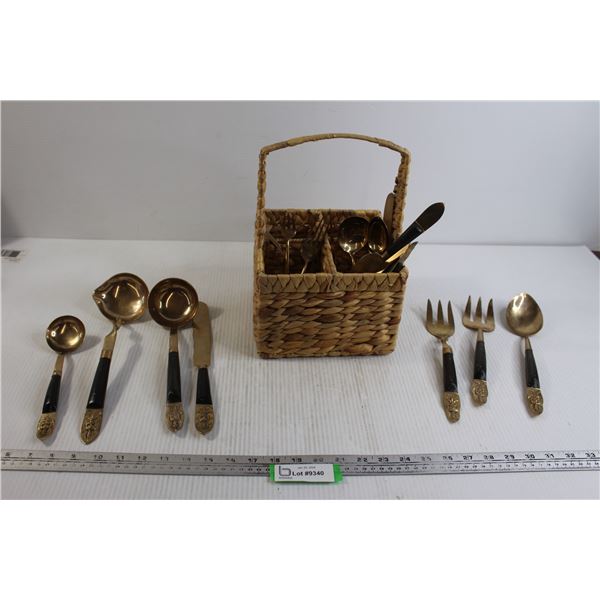 1950s Siam Buddha Bronze Brass Serving Utensils with Basket