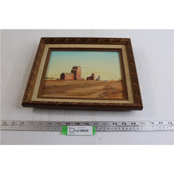 Framed Prairie Elevators Painting by F. Whitlock Painting - 13  x 11 