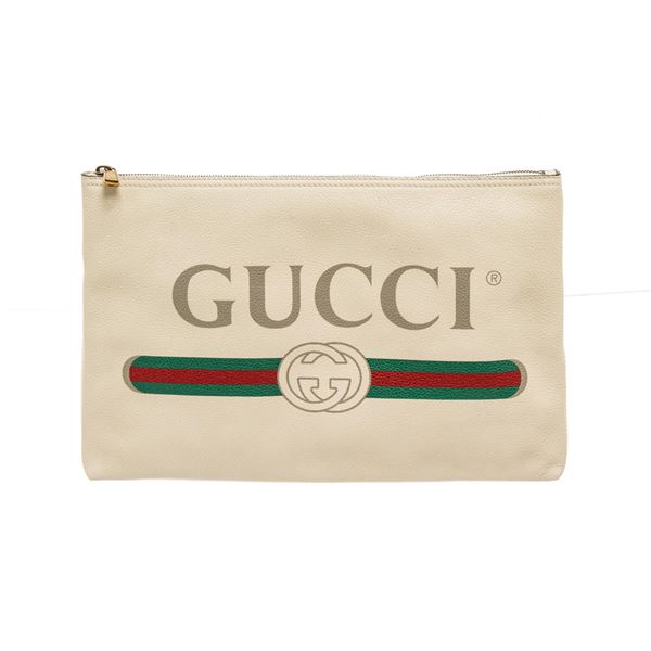 Gucci Beige Leather Logo Print Clutch