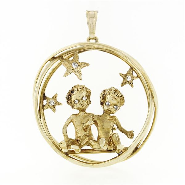 Vintage 14K Gold 0.18 ctw Diamond Angel Gemini Zodiac Sign Large 3D Charm Pendan