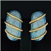 Image 2 : Vintage 18k Yellow Gold Textured Baby Blue Enamel Twisted Wire Dome Earrings