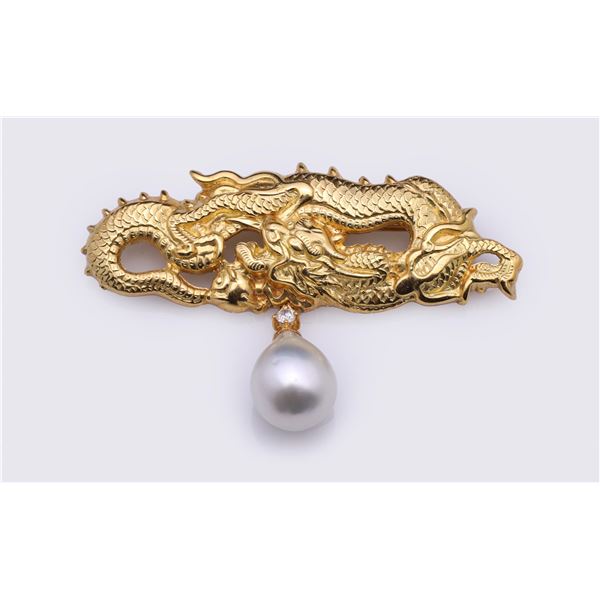 18K Yellow Gold Pearl & Diamond Brooch Cast from Japanese Menuki by R.L. Kay