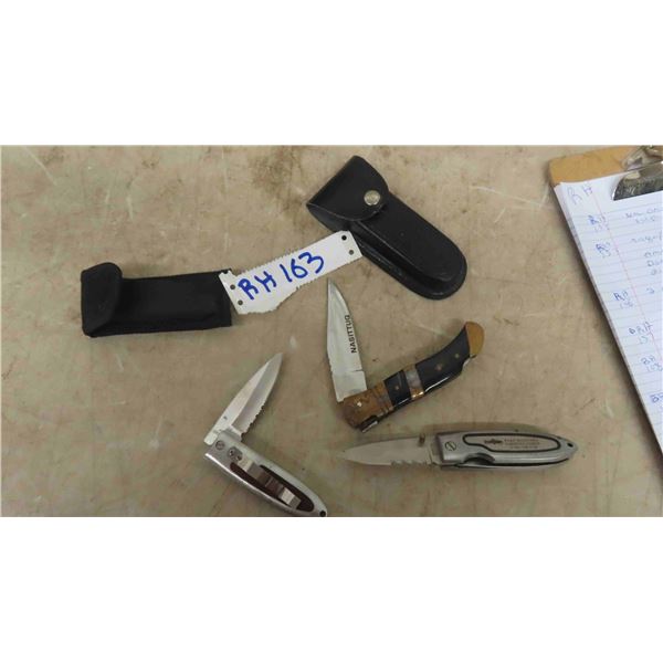 3 Folding Blade Pocket Knives - 2 with Holsters 