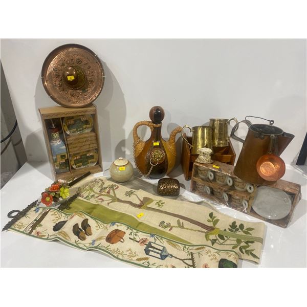 Vintage Leather Wrapped Green Glass Decanter, Collection of Brass, Copper and Wood Items and more