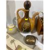 Image 2 : Vintage Leather Wrapped Green Glass Decanter, Collection of Brass, Copper and Wood Items and more