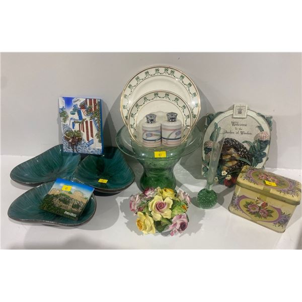 Blue Mountain Pottery Three Section Candy Dish, Green Glass Vases. and more collectibles