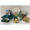 Image 1 : Blue Mountain Pottery Three Section Candy Dish, Green Glass Vases. and more collectibles