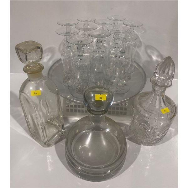 Three Decanters (Crystal and Glass) plus 10 Wine Glass with Decorative Tray