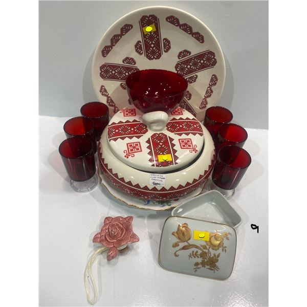 Ukrainian Serving Dishes, Red Glass Goblets, Red Glass Bowl and more