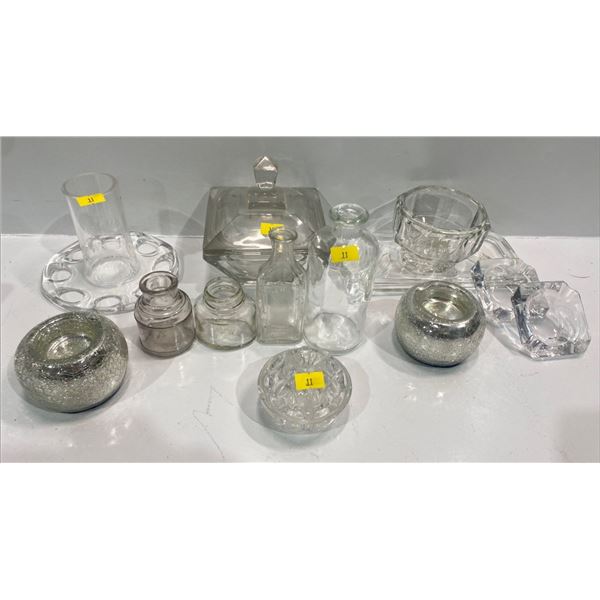 Collection of Decorative Glass Pieces includes Candy Dish, Mini Glass Bottles, and more