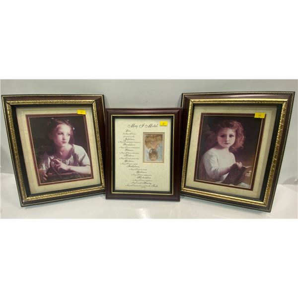 Three Framed Young Girl Pictures and Poem