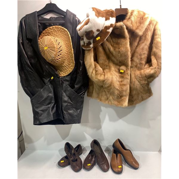 Leather Jacket, Rabbit Fur Jacket, 2 Hats 3 Pairs of Women's Size 7 shoes