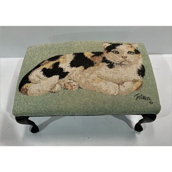 Walnut Stained Queen Anne Style Foot Stool with Cat Print Upholsery 15Wx10Dx8H
