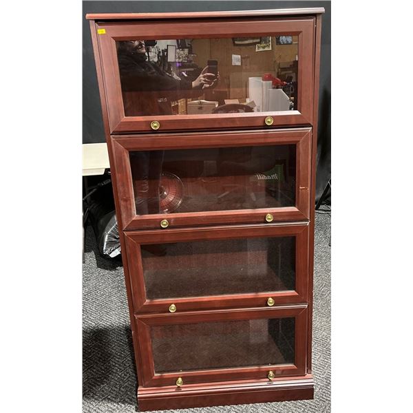 Cherry Stained 4 Shelf Display Case with Fold up Glass Front Doors 29Wx12Dx60H