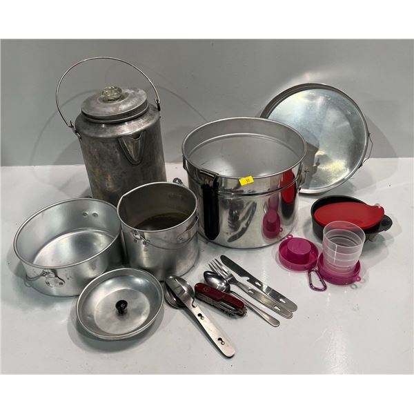 Camping Needs - Coffee Pot, Pots, Colapsable Cup, Utensils, Swiss Army Knife and more