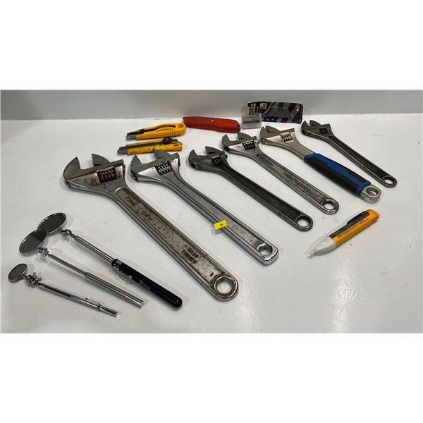 Collection of Adjustable Wrenches, Telescopic Inspection Mirrors, Utility Knives and more