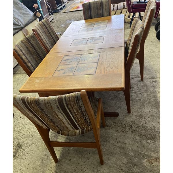 Vintage Teak With Ceramic Inlay Dining Table with 6 Chairs 55Lx35Dx29H plus 20W leaf
