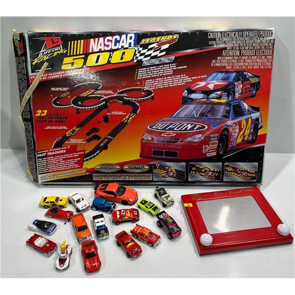 Collection of Die Cast Vehicles, Nascar Race Set and Etch-a-Sketch