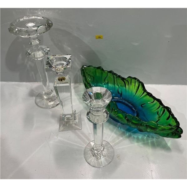 Three Crystal Candle Sticks plus Beautiful Green and Blue Glass Dish
