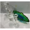 Image 1 : Three Crystal Candle Sticks plus Beautiful Green and Blue Glass Dish