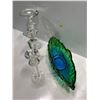 Image 2 : Three Crystal Candle Sticks plus Beautiful Green and Blue Glass Dish