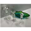 Image 3 : Three Crystal Candle Sticks plus Beautiful Green and Blue Glass Dish