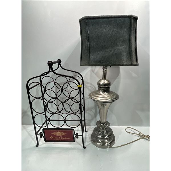 Wine Rack, Silver Lamp 31H, and Hanging Crocheted Light