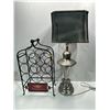 Image 1 : Wine Rack, Silver Lamp 31H, and Hanging Crocheted Light