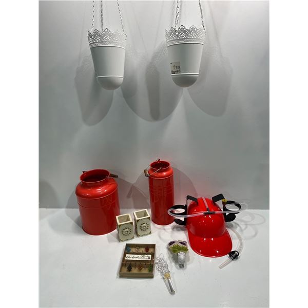 Coral Milk Jugs, Hanging Planters, Beverage Helmet (never used) and more