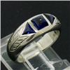 Image 3 : Antique Art Deco 18k Gold .90 ctw Sugarloaf Trillion Sapphire Etched 3 Stone Rin