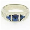 Image 4 : Antique Art Deco 18k Gold .90 ctw Sugarloaf Trillion Sapphire Etched 3 Stone Rin