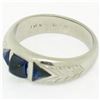 Image 7 : Antique Art Deco 18k Gold .90 ctw Sugarloaf Trillion Sapphire Etched 3 Stone Rin