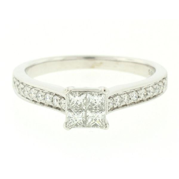 14k White Gold 0.79 ctw Illusion Solitaire Princess Cut Diamond Engagement Ring