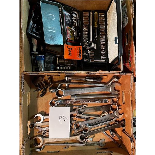 2 FLATS OF ASSORTED WRENCHES AND SOCKET SETS