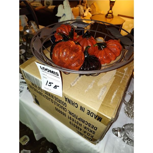 NEW GLASS PUMPKINS W  METAL HANDCRAFT BASKET