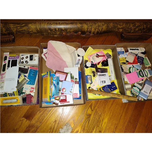 4 BOXES  SEWING ITEMS AND STATIONARY