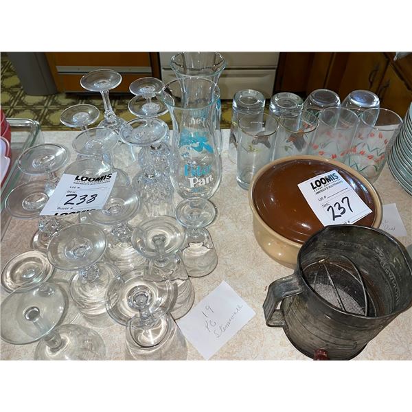 BAKING DISH , SIFTER, GLASSES ETC.