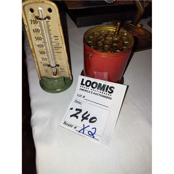 ANTIQUE PENCIL HOLDER AND THERMOMETER