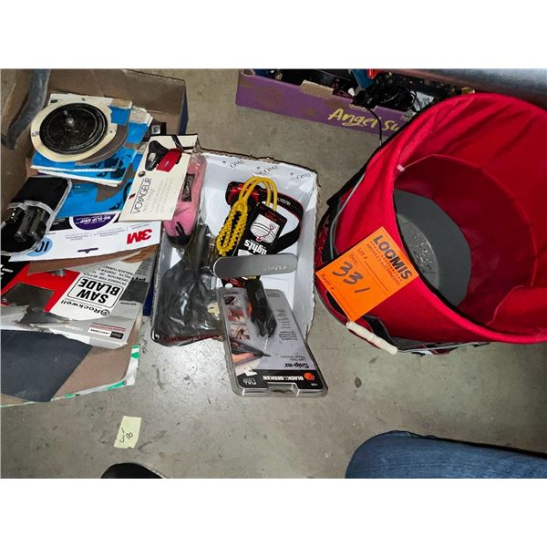 ASS'T TOOLS, TOTE, SAW BLADS, SAND PAPER
