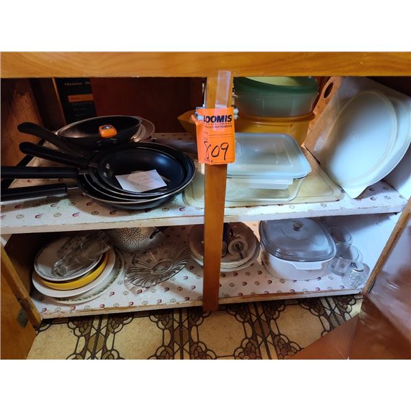TWO SHELVES OF ASSORTED PANS