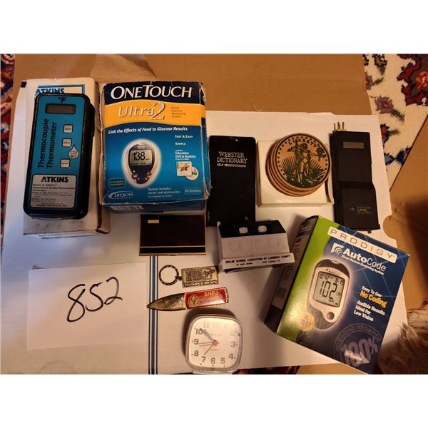 LOT OF ADVERTISING AND ELECTRICAL ASSORTED LOT/ ATKIN THERMOMETER