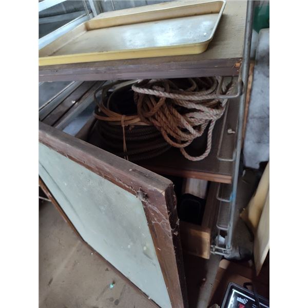 INDUSTRIAL ANTIQUE ROLLING BAKING RACK AND LOT WITH BEVELED MIRROR