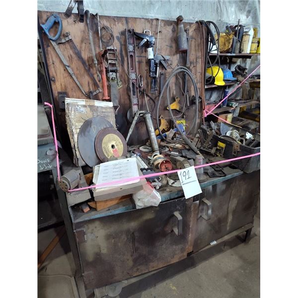 STEEL SHOP WORK DESK W INVENTORY DISPLAYED ON IT